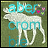 Animated icon of a white moose walking left to right on green background with cyan text and small colorful hearts.