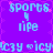 Pixelated text and symbols on a purple background with pink star accents, featuring repeated 'sports' and 'life' text with a hand symbol, and 'icy' text with a heart symbol.