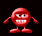Red pixelated character with white teeth and black eyes in multiple poses against a dark background.