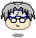 Four pixel-art character heads with gray hair, blue headbands, and glasses displayed in a on a light gray background