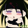 Chibi-style anime character with long black hair and purple eyes displays four distinct facial expressions and hand positions against a yellow background.
