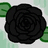 Static pixel art of a black rose with layered petals, green leaves on left and right sides, against a light gray background.