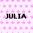 Pixelated text 'JULIA' repeated across a pink star-patterned background with partial gray overlay.