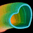 Animated heart-shaped icon with gradient colors transitioning from green to orange, outlined in light blue, against a black background.