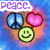 Pixelated heart-shaped icon with peace sign, pink heart, and smiley face; text overlays change across frames.