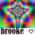 Two identical pixelated rainbow kaleidoscopic patterns with mirrored symmetry, each featuring a central circular design surrounded by swirling colors and the text 'brooke' below.
