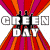 A 2x2 contact sheet of four animated frames from a Green Day promotional icon featuring silhouettes, bold text, and striped background patterns.