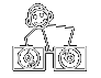 A stick figure with curly hair stands between two turntable decks, moving arms in a DJing pose