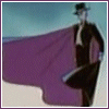 Animated sequence of a figure in black attire with purple cape against light blue and beige background, showing motion across frames.