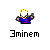 Pixelated icon of a figure with white face, yellow hair, blue shirt with red '3', brown arms, and black base, below text 'Eminem' on gray background.