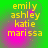 Green background with yellow text listing names, pink glow effect on text, four identical arranged in a