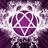 A static pixelated icon features a central purple circular shape with white geometric lines forming a cross and four curved segments, set against a gradient background of dark to light purple hues.