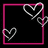 A red background displays a black square with pink border containing three white heart outlines, alongside text elements including "Justin Young" and "Chantal Filiau".