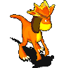 Animated orange dinosaur-like creature with yellow underbelly, brown ear patch, and flame-shaped crown walks left to right across gray background.