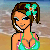 Animated contact sheet of a beach-themed cartoon character in bikini with turquoise text animation over ocean background.