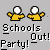 Two pixelated figures in yellow shirts with white circular heads stand side-by-side above text reading 'Schools Out! Party!' on a gray background.