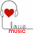 Pixelated icon shows headphones with red heart, 'love' text, and 'music' or '<3' text below; gray background in one view.