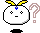 A 2x2 grid of four pixel-art frames showing a white round character with yellow antennae, blue gem on forehead, and black shadow base, each frame displaying different facial expressions and question mark variations.