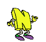 Yellow blocky N-shaped character with purple feet and green ankle bands, performing various arm and leg poses against gray background.