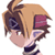 Pixelated anime-style character head with brown and blonde hair, purple eyes, pink cheeks, wearing a dark top with white stripes and a red accessory on the right side of the face.
