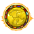 Circular pixelated icon with golden-yellow center, multicolored segmented border, and orange pixelated outer ring.