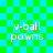 Green and blue checkered background with four identical pixelated text blocks reading 'v-ball pawns' in white.