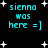 Pixelated cyan text 'sienna was here =]' on black background with white stars, two identical frames showing static content.