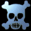 A static image of a skull and crossbones icon with visible pixelation, showing multiple views including front, side, and top angles against black background.