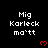 Pixelated text 'Mig Karleck ma'tt' repeated across a black background with red heart symbols, partially obscured by a gray overlay.