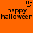 Orange background with black pixelated text reading 'happy halloween' twice and a heart symbol above the left instance.