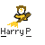 Pixelated character with brown hair and yellow clothing holding a broom, standing above 'Harry P' text on gray background.