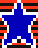 Pixelated vertical strip with three distinct sections: top blue star, middle red circle, bottom character; central section shows black-and-white figure with blue accents and large cyan 'S' at base.