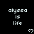Pixelated text 'alyssa is life' repeated with small heart symbols on a black background, partially cropped at bottom right.