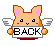 Pixel art character with orange fur, pink inner ears, and white wings holds a sign reading BACK across showing varied eye expressions
