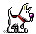 Pixelated cartoon dog with red collar and purple nose in five sequential poses on gray background.