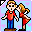 Pixelated cartoon figures of a boy and girl in red shirts and blue pants stand on a light blue background with purple stars, the girl's pose shifts from facing left to right.