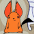 Animated orange cartoon character with large red ears and black-tipped tail, standing against a light brown circular background with white curved lines.