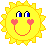 Six yellow sun-shaped pixel art icons with blue eyes and pink heart cheeks, each displaying distinct facial expressions and accessories against a gray background.
