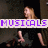 A pixelated image of a person in dark clothing with purple text overlays reading "MUSICALS" and "CAUSE WHO DOESN'T LOVE A WORLD WHERE PEOPLE SPONTANEOUSLY BURST INTO SONG AND DANCE?!"