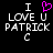 Pixelated text displays 'I LOVE U PATRICK C' with a pink heart replacing the word 'LOVE', on black background.