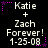 Black background with white text reading "Katie + Zach Forever! 1-25-08" and purple star accents, displayed in a of six identical