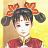 Pixelated icon of a character with dark hair in pigtails tied with red bows, wearing a white top and red lower garment against a yellow background.
