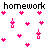 Pixelated text and pink heart symbols on a white background with gray section, conveying school-related frustration.