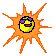 Yellow circular face with purple sunglasses and red mouth, surrounded by orange spiky rays on gray background, changing expression across frames.