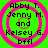 Green background with pink concentric circles and black text reading "Abby T. Jenny M. and Kelsey G. bffl" in four identical quadrants.