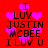 Red background with pink hearts and black text reading "I LUV JUSTIN MCBEES I LUV U" in pixelated font.