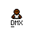 Pixelated cartoon figure in white tank top with brown skin and black outline, surrounded by animated particle effects above and around the text "DMX" below.