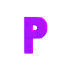 Purple 3D letter 'P' and 'b' icons rotate through layered fan-like animations on gray background.