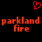 Red pixelated heart symbol above two identical text blocks reading 'parkland fire' in orange-red font on black background.