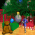 Animated scene with a blue figure moving under a Christmas tree, surrounded by ornaments and a teddy bear.